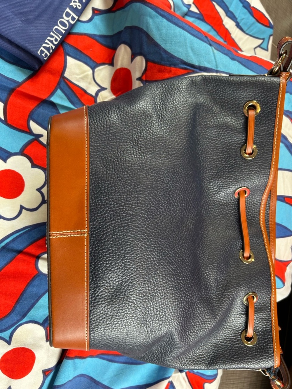Dooney & Bourke Navy Pebbled Leather Shoulder Bag with Brown Trim and Tassels - Picture 3 of 8